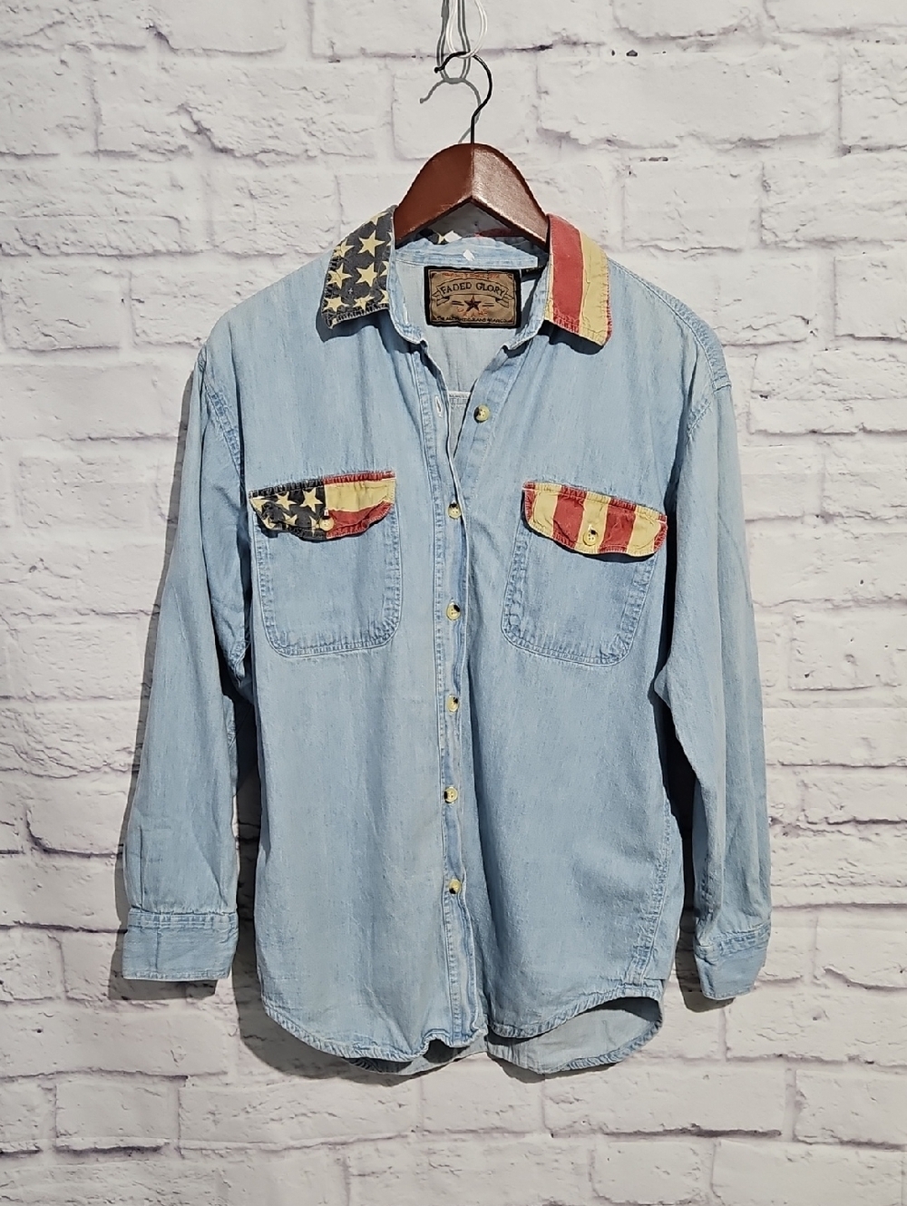 Faded Glory Light Blue Denim Button-Down Shirt with American Flag Trim